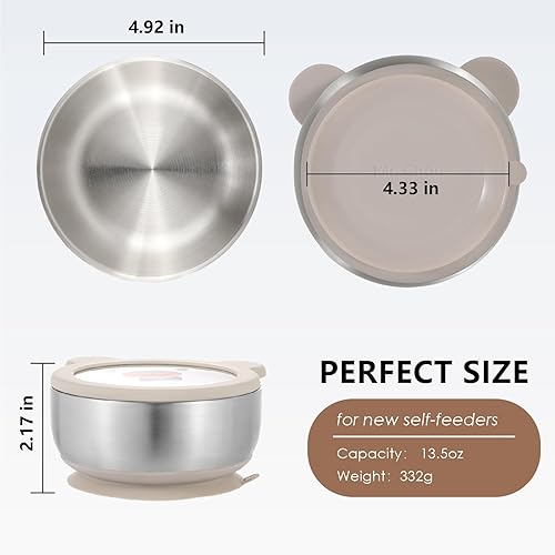 MR. CHOU Baby Bowls with Non-Slip Silicone Suction Cup, Insulated Double-Layer 304 Stainless Steel Toddler Bowls with BPA Free Airtight Lids, Food-Grade Silicone Safe for Kids (Beige) - Jamouz