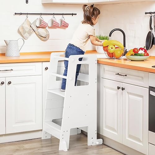 Toddler Kitchen Step Stool Helper with Safety Rails, Adjustable Height Toddler Standing Tower for Bathroom, Kitchen Counter, Bedroom (White) - Jamouz