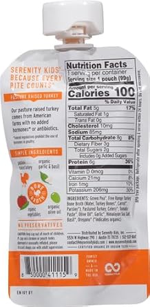 Serenity Kids Bone Broth Puree Made with Organic Veggies - Clean Label Project Purity Award Certified - 3.5 Ounce BPA-Free Pouch - Free Range Turkey Bolognese - 6 Count - Baby Food Turkey Bone Broth - Jamouz