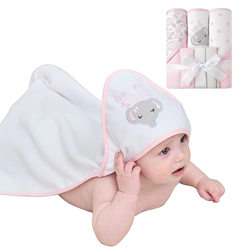 Viviland Baby Towels and Washcloths, Soft Absorbent Pink Baby Bath Towel Set, Elephant Hooded Towels with 5 Infant Face Washcloths (6 Pieces) - Jamouz