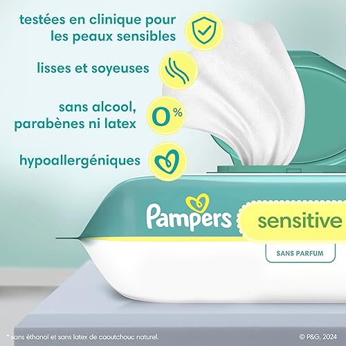 Pampers Sensitive Baby Wipes, Water Based, Hypoallergenic and Unscented, 8 Flip-Top Packs, 4 Refill Packs (1008 Wipes Total) - Jamouz