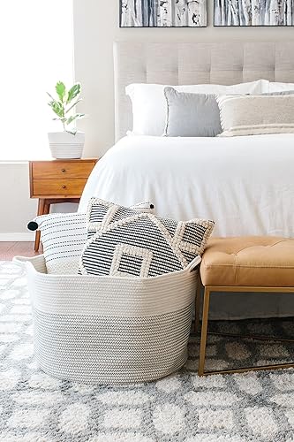 Little Hippo XXXL Large Cotton Rope Basket (22'x14') 100% Natural Cotton! Rope Basket, Woven Storage Basket, Large Basket, Blanket Basket Living Room, Toy Basket, Pillow Basket (White & Brown) - Jamouz