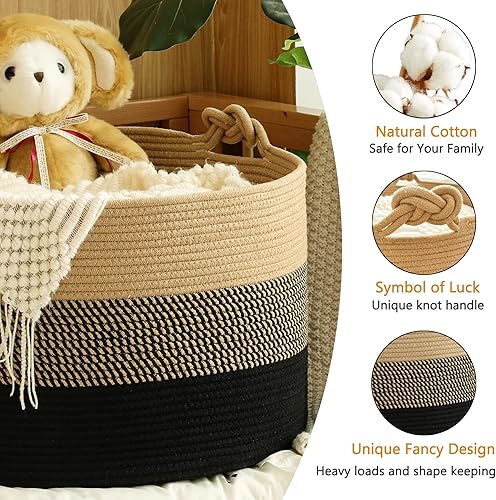 KAKAMAY Large Blanket Basket (20'x13'),Woven Baskets for storage Baby Laundry Hamper, Cotton Rope Blanket Basket for Living Room, Laundry, Nursery, Pillows, Baby Toy chest (White/Brown) - Jamouz