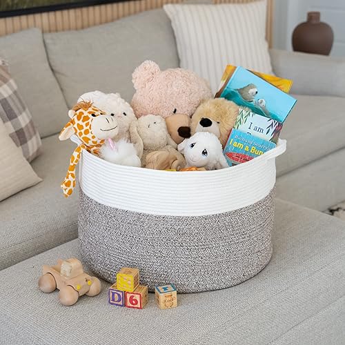 Little Hippo XXXL Large Cotton Rope Basket (22'x14') 100% Natural Cotton! Rope Basket, Woven Storage Basket, Large Basket, Blanket Basket Living Room, Toy Basket, Pillow Basket (White & Brown) - Jamouz