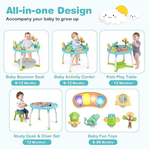 BABY JOY 5 in 1 Baby Activity Center, Baby Jumpers and Bouncers with Removable Toys, Lights & Music, 3 Adjustable Heights, Interactive Play Center for Toddlers Boys Girls 6-36 Months (Blue) - Jamouz
