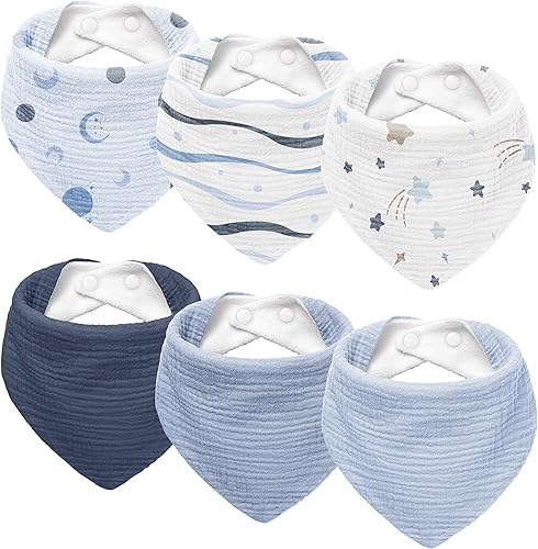 Susurration Muslin Baby Drool Bibs 6Pack Soft Triangular Adjustable Baby Bandana Bibs for Unisex Baby Girls & Boys - Jamouz