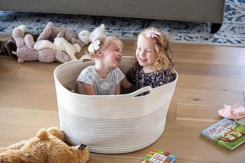 Little Hippo XXXL Large Cotton Rope Basket (22'x14') 100% Natural Cotton! Rope Basket, Woven Storage Basket, Large Basket, Blanket Basket Living Room, Toy Basket, Pillow Basket (White & Brown) - Jamouz