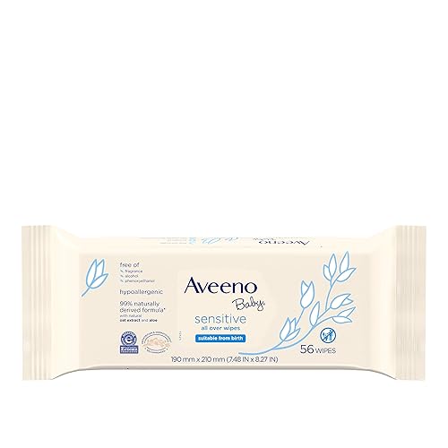 Aveeno Baby Sensitive All Over Wipes with Aloe & Natural Oat Extract for Face, Bottom, Hands & Body, pH-Balanced, Hypoallergenic, Fragrance-, Phenoxyethanol- & Alcohol-Free, 64 ct - Jamouz