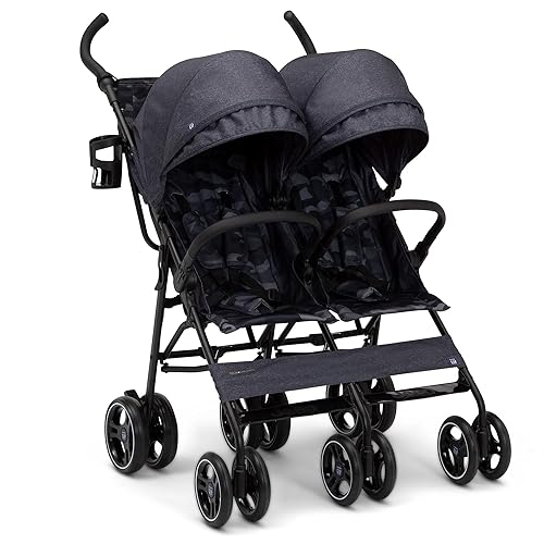 GAP babyGap Classic Side-by-Side Double Stroller - Lightweight Double Stroller with Recline, Extendable Sun Visors & Compact Fold - Made with Sustainable Materials, Grey Stripes - Jamouz