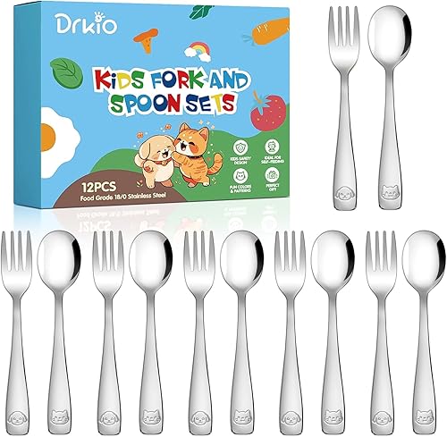 DRKIO Stainless Steel Toddler Utensils Set - 12 Pieces Kids Silverware Set Children Safe Food Grade Small Forks and Spoons Dishwasher Safe Mirror Polished - Jamouz