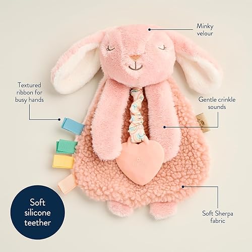Itzy Ritzy - Itzy Lovey Including Teether - Baby Lovey with Teether, Textured Ribbons & Dangle Arms - Features Crinkle Sound, Sherpa Fabric and Minky Plush (Pink Bunny) - Jamouz