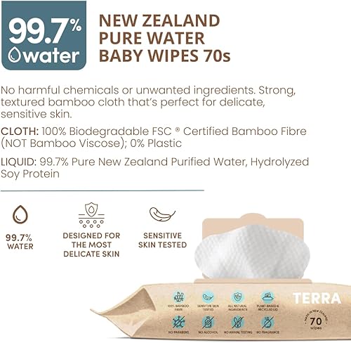 Bamboo Baby Wipes: Pure Water Wipes, 99.7% Pure New Zealand Water, 100% Biodegradable Bamboo Fiber, 0% Plastic, Unscented Baby Wipes for Sensitive Skin, 1 Pack of 70 Wipes - Jamouz