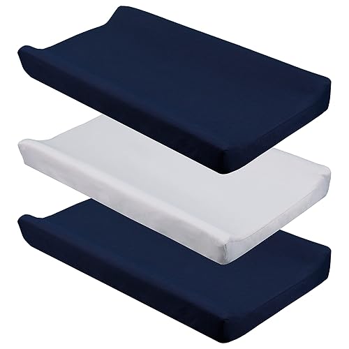 CaSaJa Navy Diaper Changing Pad Cover with Strap Holes Set of 3, Snug Fit 4-Sided Contoured Changing Table Pad 16x31 16x32, Fitted Change Pad Sheet for Baby Boy, 100% Silky Soft Microfiber - Jamouz