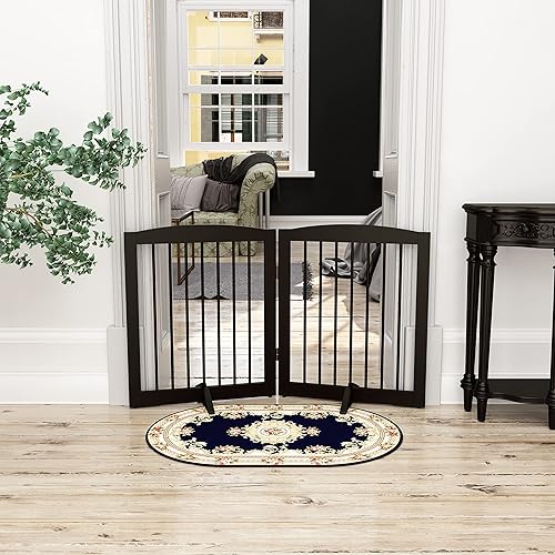 Freestanding Pet Gate for Dogs, Foldable Wooden Dog Gate for House, Indoor Pet Barrier for Stairs, Doorways, Support Feet Included, 24' Height 2 Panels, Brown - Jamouz