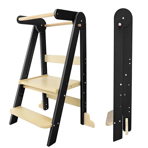 Nordi Foldable Toddler Kitchen Tower,Montessori Kitchen Stools Helper,Standing Tower with 3 Adjustable Heights,Suitable Age for 1.5-6 Years,White - Jamouz