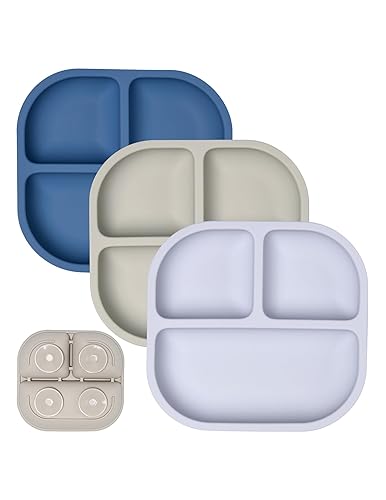 BABELIO Powerful Suction Plates for Baby and Toddler, 100% Food Grand Silicone, Divided, BPA Free, Microwave & Dishwasher Safe, Stay Put, 3 Pack - Jamouz