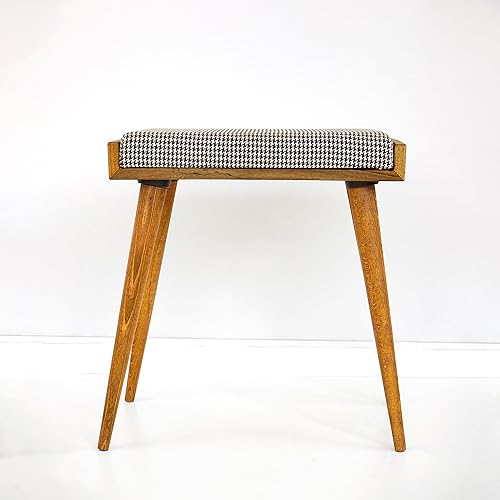Walnut Ottoman Stool for Living Room | Upholstered in Crowbar Pattern Fabric | Versatile as a Piano Bench | Ideal Bedroom Bench | Functional Footstool Bench - Jamouz