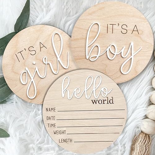 3ps Its a Boy Its a Girl Wooden Sign & Hello World - Gender Reveal, Acrylic Boy or Girl Announcement, Birth Announcement for Hospital, He or She Photography Prop, Boho Gender Reveal Decor - Jamouz
