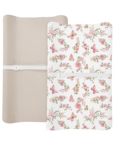 Changing Pad Cover for Baby Boy Girl 2 Pack, Muslin Changing Table Pad Covers with Boho Style, Neutral Nursery Bedding Essentials Soft and Breathable(Dusty Rose & Flower-A) - Jamouz