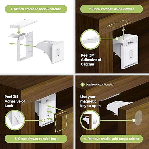 SKYLA HOMES Magnetic Cabinet Locks Baby Proofing Child Safety - The Safest Quickest and Easiest Multi-Purpose 3M Adhesive Child Proof Latches, No Screws or Tools Needed (12 Pack) - Jamouz