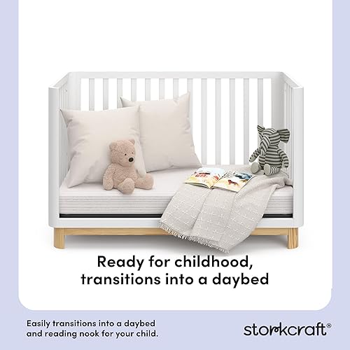 Storkcraft Santos 3-in-1 Convertible Crib (White with Natural) – GREENGUARD Gold Certified, Fits Standard Crib Mattress, Converts to Toddler Bed, Modern Style, Rounded Designer Details - Jamouz