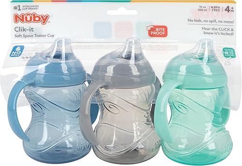 Nuby Clik-It Soft Spout No-Spill Training Sippy Cup with Handles - (3-Pack) 10 Oz - 4+ Months - Neutral - Jamouz