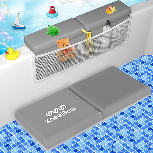 Baby Bath Kneeler and Elbow Rest Pad 2 Pieces Set with 3 Spacious Pocket to Organize Baby Acessories, 1.5' Thick Non-Slip, Soft, Fast-Drying Foldable Toddler Bath (Grey) - Jamouz