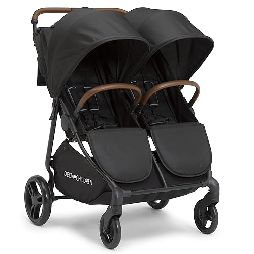 Delta Children Cruzer Double Stroller – Lightweight Side by Side with Reclining Seats, Extendable Canopies and Flat Fold, Black - Jamouz