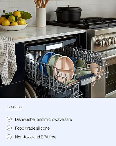 Lalo First Bites Silicone Baby Feeding Set - Baby Led Weaning Supplies - Non-Toxic Silicone - Includes 2 Bibs, 2 Spoons, Training Cup, Suction Plate and Bowl - 6 Pieces - Sage - Jamouz