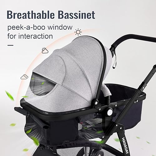 Baby Stroller, 2-in-1 Reversible Stroller with Bassinet Mode, Foldable Infant Stroller with Canopy, One Button Brake, Adjustable Handle, Newborn Stroller (Gray) - Jamouz
