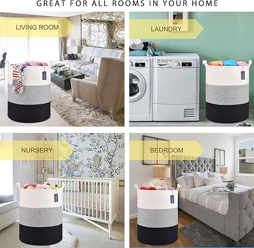 COMSE Extra Large Blanket Basket, High Storage Basket, Tall Rope Laundry Basket, 15.7”x 21.7”, Cotton Rope Basket, XXXL Laundry Basket, Toy Basket, Clothes Baskets,White/Cadet Blue/Navy Blue - Jamouz