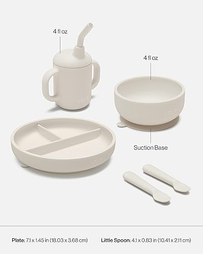 Lalo First Bites Silicone Baby Feeding Set - Baby Led Weaning Supplies - Non-Toxic Silicone - Includes 2 Bibs, 2 Spoons, Training Cup, Suction Plate and Bowl - 6 Pieces - Sage - Jamouz