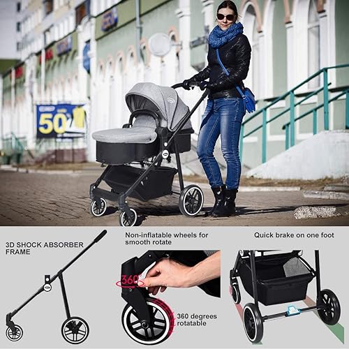 INFANS 2 in 1 Baby Stroller, High Landscape Infant Stroller & Reversible Bassinet Pram, Foldable Pushchair with Adjustable Canopy, Cup Holder, Storage Basket, Suspension Wheels (Grey) - Jamouz