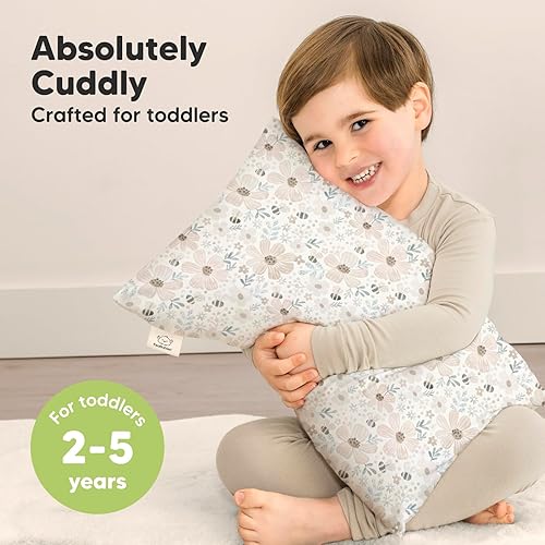 Toddler Pillow with Pillowcase - 13x18 My Little Cuddly Pillow, Viscose Derived From Bamboo Nursery Toddler Pillows for Sleeping,Kids Pillow,Small Travel Pillows,Mini Toddler Bed Pillow (Meadow) - Jamouz
