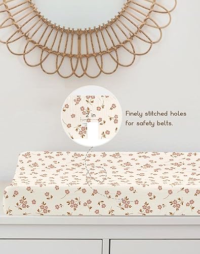 Changing Pad Cover for Baby Boy Girl 2 Pack, Muslin Changing Table Pad Covers with Boho Style, Neutral Nursery Bedding Essentials Soft and Breathable(Dusty Rose & Flower-A) - Jamouz
