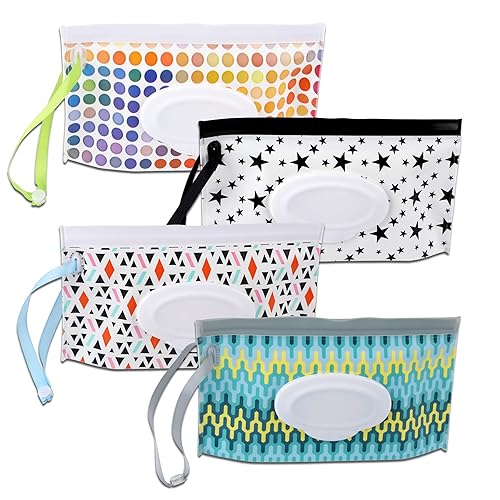 FEBSNOW 4 Pack Baby Wipe Dispenser, Portable Refillable Wipe Holder, Baby Wipes Container, Wipe Dispenser, Reusable Travel Wet Wipe Pouch (Geometric) - Jamouz