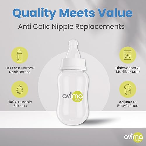 Avima Baby Anti Colic Nipples for Standard Neck Bottles, Silicone Breast Like Nipples - 6 to 9+ Months, Fast Flow, Level 3 (Pack of 6) - Jamouz
