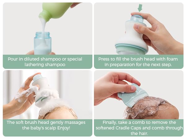 Momcozy﻿ Innovative Cradle Cap Brush with Pump, 2-in-1 Baby Cradle Cap Brush with Bubbler, Newborn Cradle Cap System, Shampoo Brush Baby Bath Essential Foamer Brush, Baby Hair Brush, Green - Jamouz