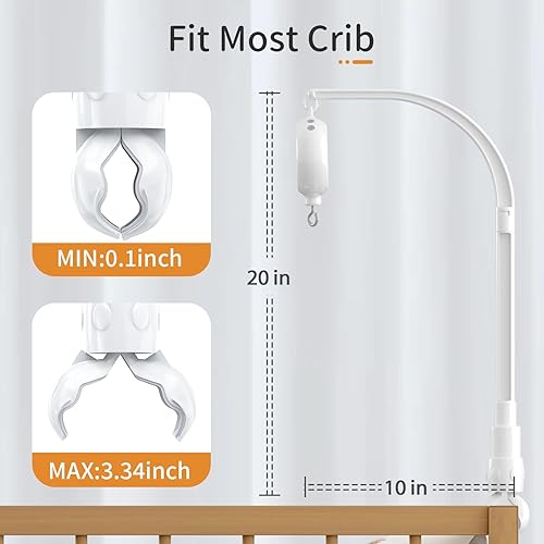 FEISIKE Baby Crib Mobile Arm with Music Box Spin Motor,23 Inch,Volume Control,3 Modes(Turn & Music,Turn Only, Music Only),Nursery Decor Hanger,Holder for DIY Clamp Mobile,35 Lullabies,30 Min Auto-Off - Jamouz