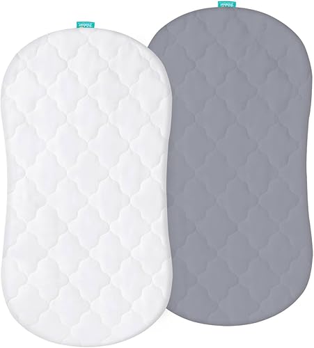 Bassinet Mattress Pad Cover Waterproof, Quilted Mattress Protector Sheets Fits All Mainstream Bassinet - Rectangle, Oval, Hourglass, 2 Pack, Ultra Soft Breathable, White and Grey - Jamouz