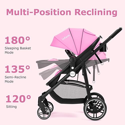 INFANS 2 in 1 Baby Stroller, High Landscape Infant Stroller & Reversible Bassinet Pram, Foldable Pushchair with Adjustable Canopy, Cup Holder, Storage Basket, Suspension Wheels (Grey) - Jamouz