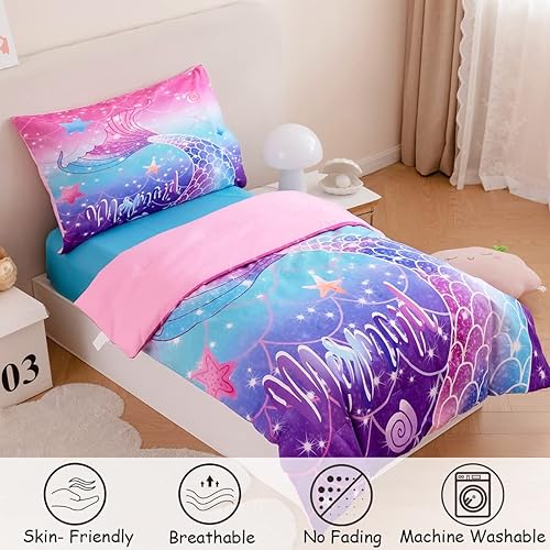 ZRNBAST Toddler Bedding Sets for Girls 4 Pcs Mermaid Tail Toddler Comforter Set Pink Turquoise Gradient Rainbow Colorful Toddler Bedding for Girl Bed, Pink Blue Fish Scale - Jamouz