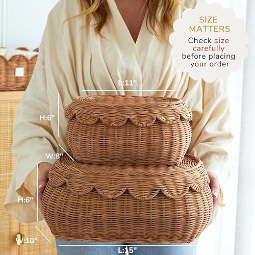 The Original Scalloped Basket Set Of 2 - Small Scallop Basket - 15 x 10 x 6 In - Hand-Woven & Award-Winning - Elegant Wicker With Scalloped Edge Lid - Nursery Storage - (Mocca) - Jamouz