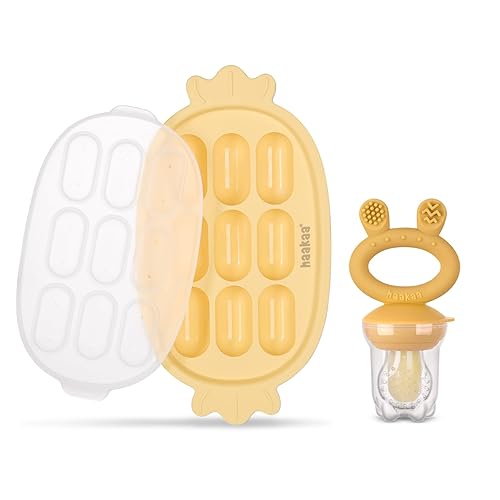 Haakaa Baby Fruit Food Feeder & Silicone Nibble Tray Combo - Breastmilk Popsicle Mold for Baby Cooling Relief, BPA Free Baby Mesh Feeder for Infant Self Feeding - Jamouz