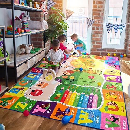 Large Playroom Rug Daycare Kids Rug 7x10,Educational and Fun Nursery Rug with ABC Alphabet Animals Classroom Rug Washable Kids Play Mat Baby Toddler Children Girls Rugs for Bedroom,Beige - Jamouz