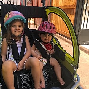 Customer image with both children in helmets. Canopy not installed.