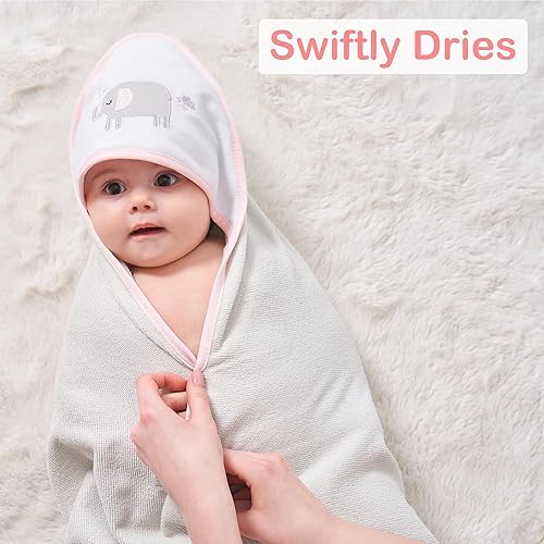 Viviland Baby Towels and Washcloths, Soft Absorbent Pink Baby Bath Towel Set, Elephant Hooded Towels with 5 Infant Face Washcloths (6 Pieces) - Jamouz