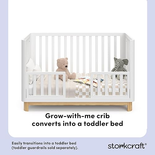 Storkcraft Santos 3-in-1 Convertible Crib (White with Natural) – GREENGUARD Gold Certified, Fits Standard Crib Mattress, Converts to Toddler Bed, Modern Style, Rounded Designer Details - Jamouz