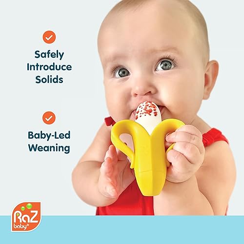 RaZbaby Baby Solids/Frozen Fruit Feeder Pacifier, Infant Teether Toy 6M+, BPA-Free Silicone Pouch & Nipple, Safely Introduce Solids, Teething Relief, Dishwasher Safe, 2-Pack – Orange/Blue + Green/Blue - Jamouz