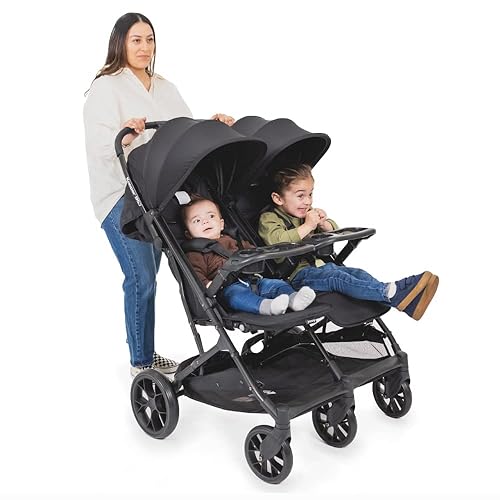 Joovy Kooper RS2 Lightweight Travel Double Stroller Featuring Dual Snack Trays, One-Handed Fold, Multi-Position Reclining Seats, Adjustable Leg Rests, and 2 Zippered Pockets for Storage - Jamouz